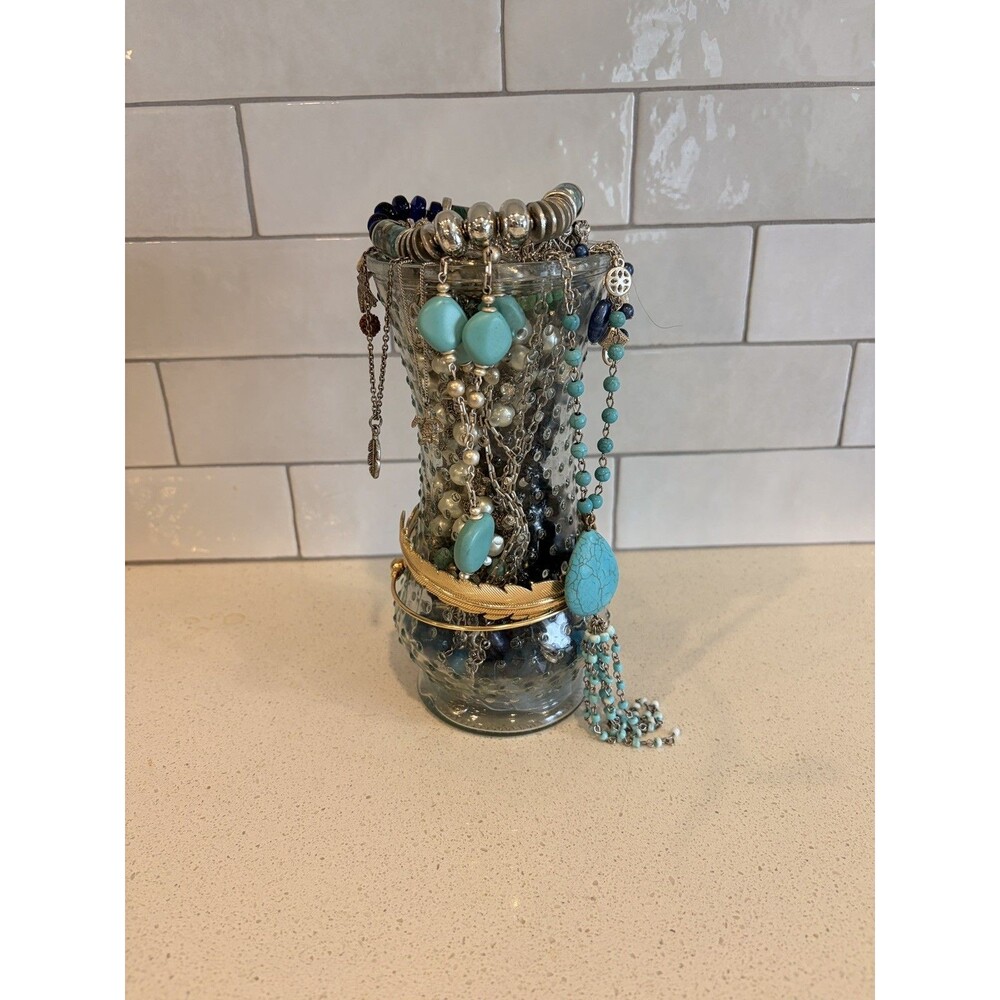 Vtg Mystery Jewelry Jar VTG Vase Mixed Metal Gold & Silver Tone boho turquoise